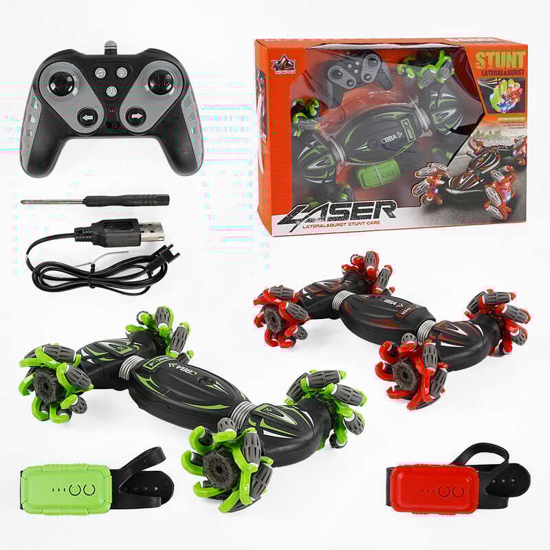 Машина на радіокеруванні RQ 3036-1 (24) 2 кольори, акумулятор 3.7 V, пульт 2,4 GHz, обертається на 360°, керування пультом та браслетом, підсвічування, звуки, музика, роликові колеса, в коробці