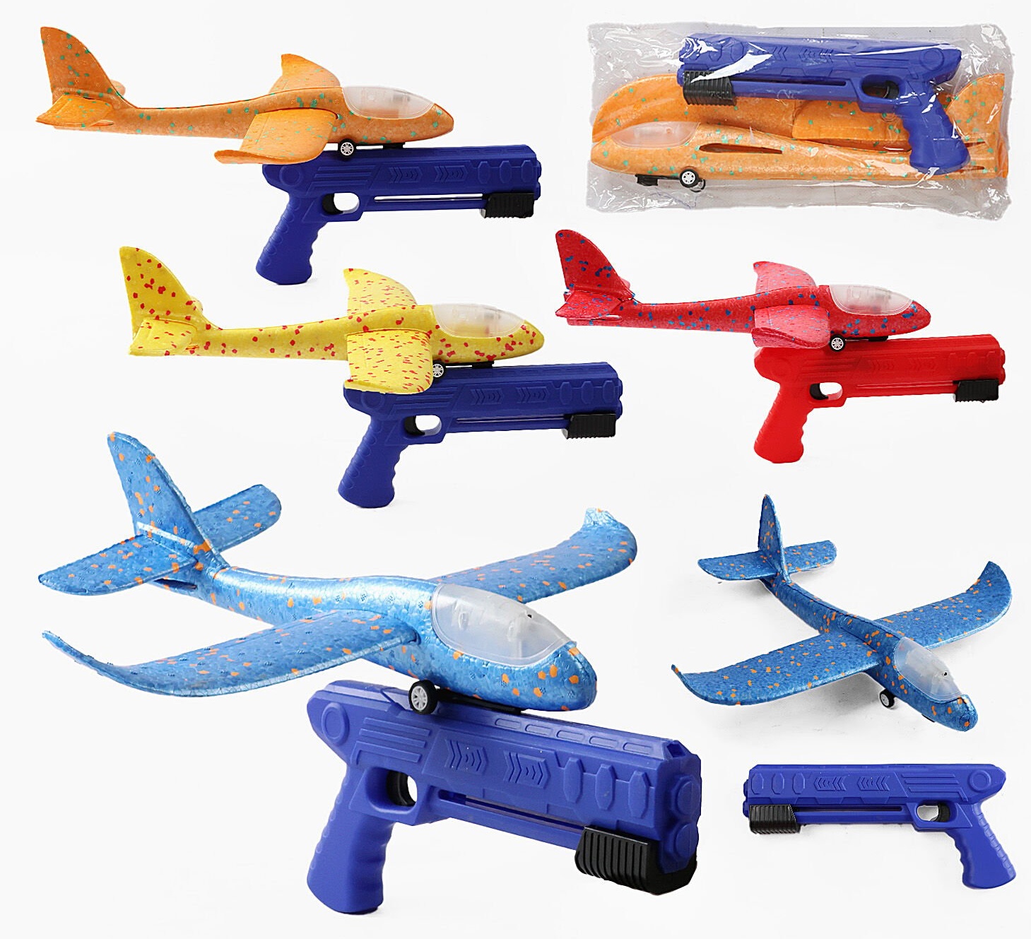 Запускач C 70878 , 3 кольори, літак на колесах, пістолет, пусковий механізм , підсвічування літака, в пакеті