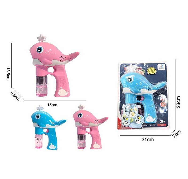 Пістолет з мильними бульбашками 6265 (48/2) 2 кольори, "Кит", на батарейках, музика, підсвічування, 2 пляшки мильного розчину, автоматичний принцип, на листі