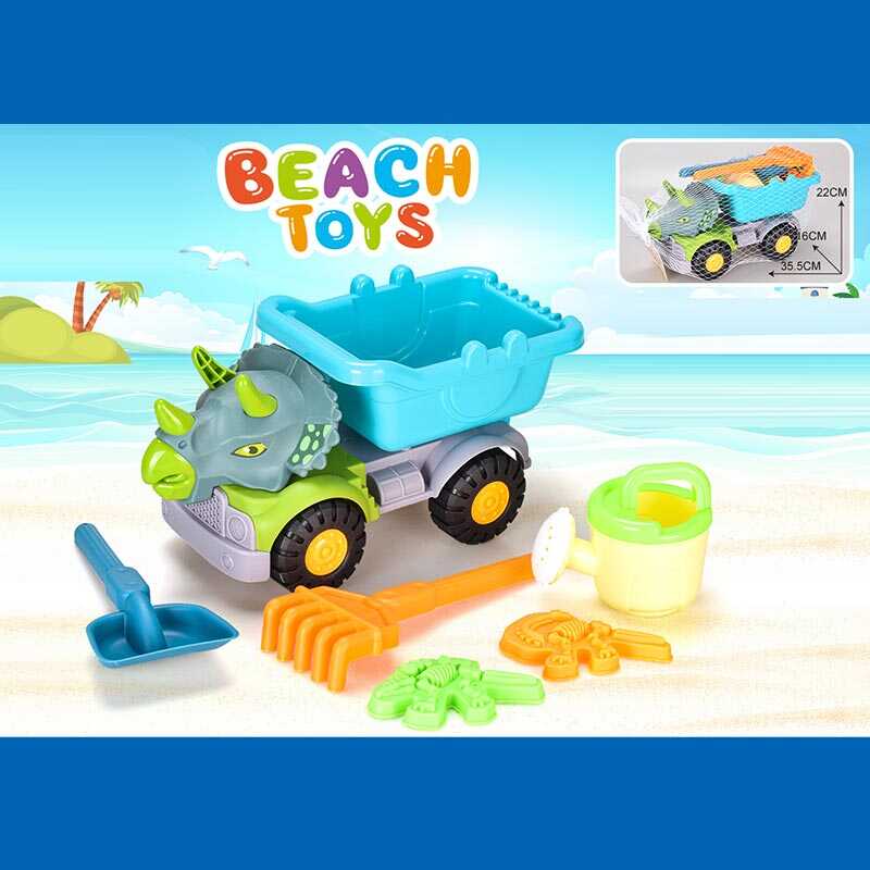 Пісочний набір JX 6858 (36/2) розмір самоскида -35.5х16х22 см, лопатка, граблі, лійка, 2 формочки, у сітці