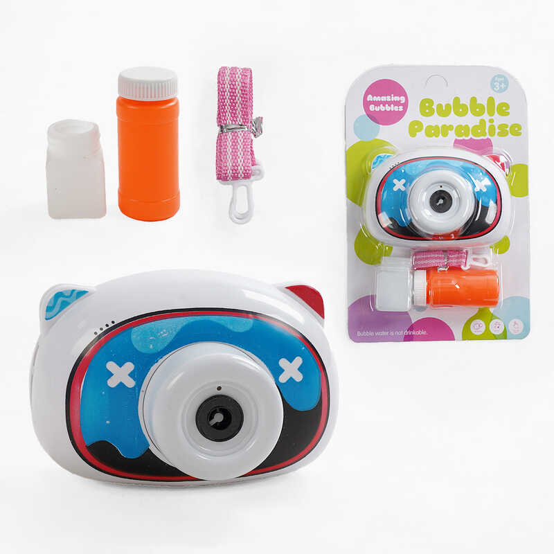 Камера з мильними бульбашками 3939-91 A (96/2) на батарейках, підсвічування, звукові ефекти, пляшечка з рідиною для бульбашок, ремінець з карабіном, на листі