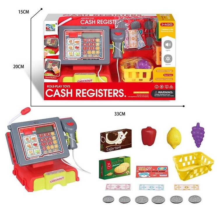 Касовий апарат KDL 888-58 (36/2) розмір: 21х14х17 см, сканер, калькулятор, мікрофон, звук, підсвічування, висувний ящик, продуктовий кошик, овочі, гроші, банківська картка, в коробці