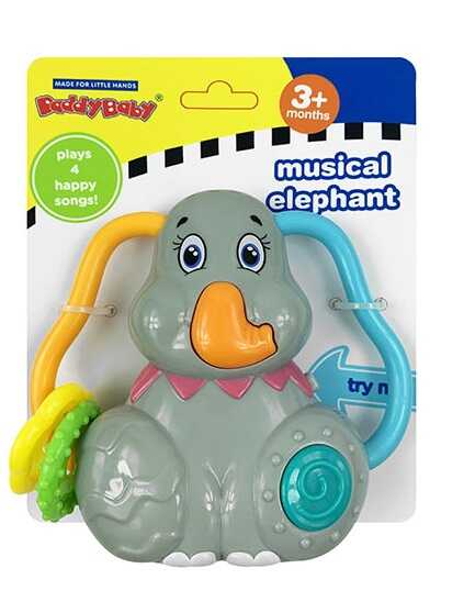 Музичне брязкальце 0889 (96) “Слоник”, на батарейках, підсвічування, мелодії, прорізувачі, звуки, на листі