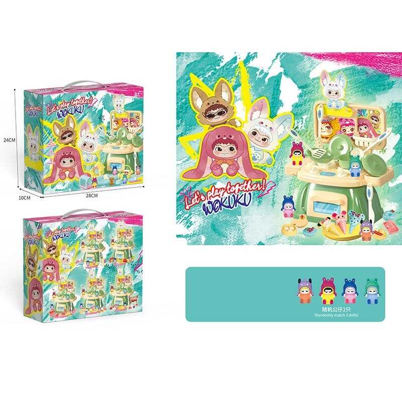 Кухня 228-77 D (48/2) висота 25 см, 2 гумові фігурки, набір продуктів, посуд: каструля, сковорідка, тарілочки, прибори, в коробці