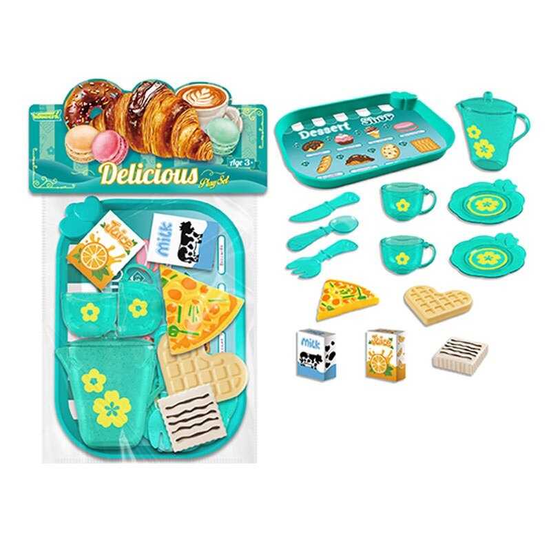 Набір продуктів 99014 (120/2) таця, 2 чашки, 2 блюдця, чайничок, ніж, ложка, вилка, шматок піци, вафля, коробочки з молоком і соком, в пакеті