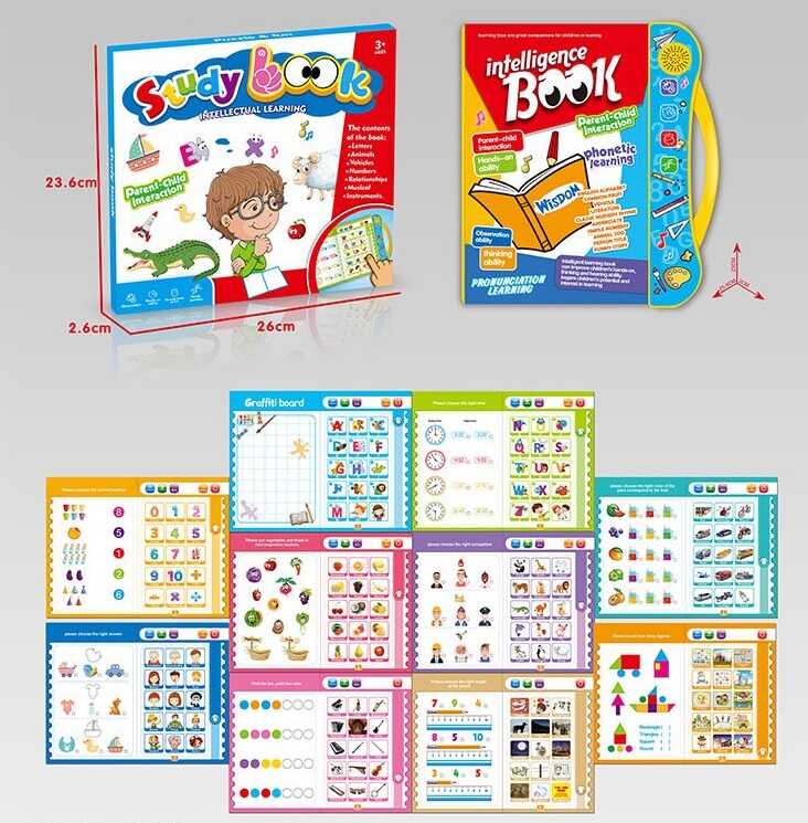 Інтерактивна книга 3101 (60/2) 10 сторінок, на батарейках, маркер, іспит, англійські слова, озвучування англійською мовою, регулювання гучності, пісні, інструменти, транспорт, тварини, фрукти, абетка, в коробці