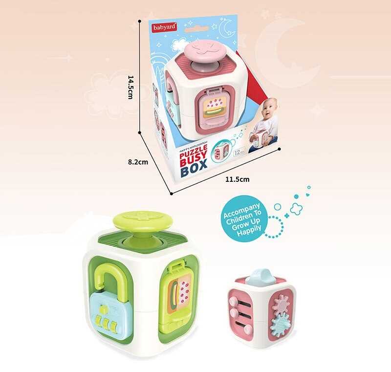 Бізіборд BY 330 (120/2) 2 кольори, кубик,  розмір - 7х7х9.5 см, пальчикові ігри, тріскачка, відкриття дверцят та замочку, в коробці