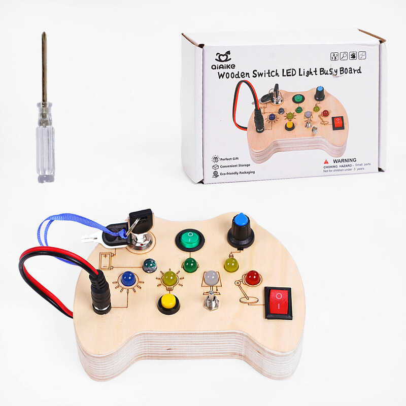 Бізіборд дерев'яний C 64864 (54) підсвічування, 7 перемикачів, викрутка, на батарейках, в коробці
