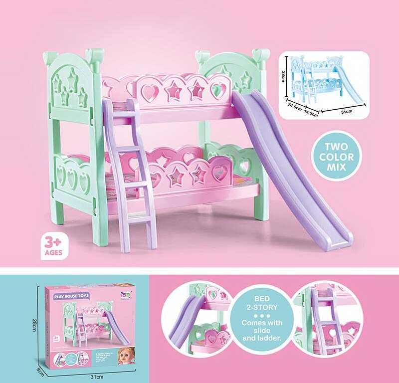 Ліжко для ляльки CS 8878 (24) двоярусне, з гіркою, ковдра, подушки, в коробці