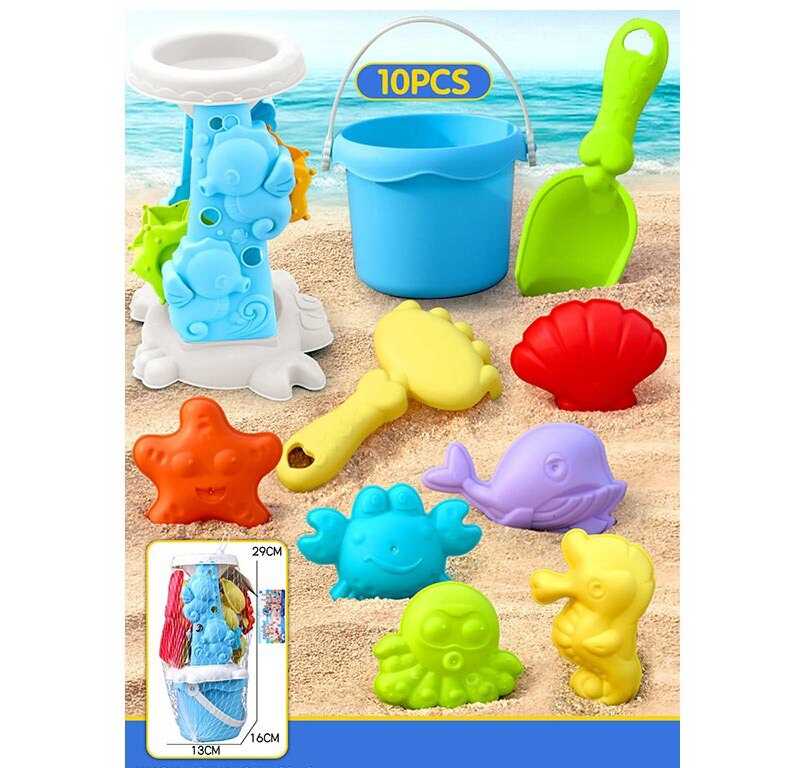 Пісочний набір W 218-48 (72/2) висота відра - 10 см, лопатка, граблі, млин, 6 формочок, в сітці