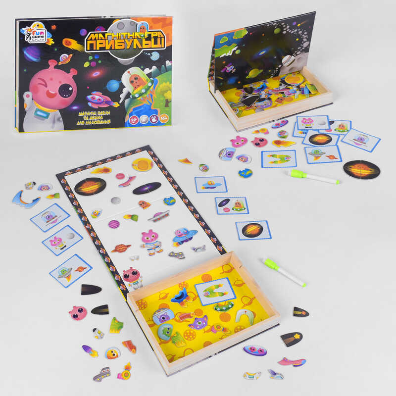 гр Дерев'яна магнітна дошка "Космічні прибульці" 18094 (12) "4FUN Game Club Wood", 68 елементів, пазли, маркер, українською мовою, в коробці