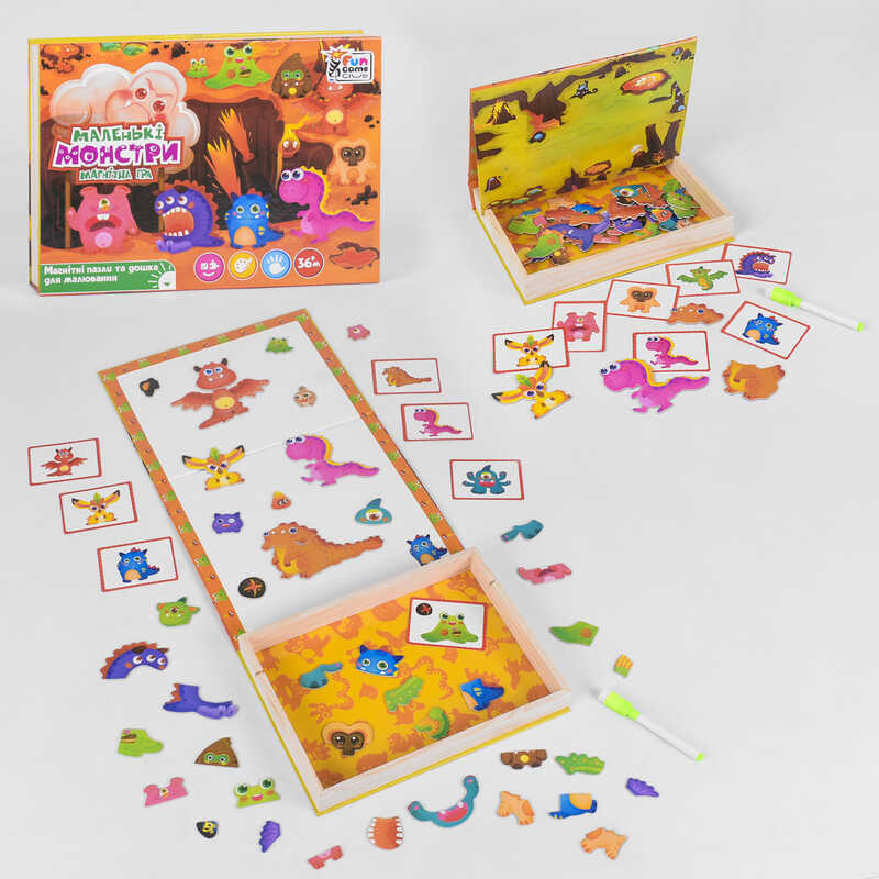 гр Дерев'яна магнітна дошка "Маленькі монстри" 17037 (12) "4FUN Game Club Wood", 68 елементів, пазли, маркер, українською мовою, в коробці