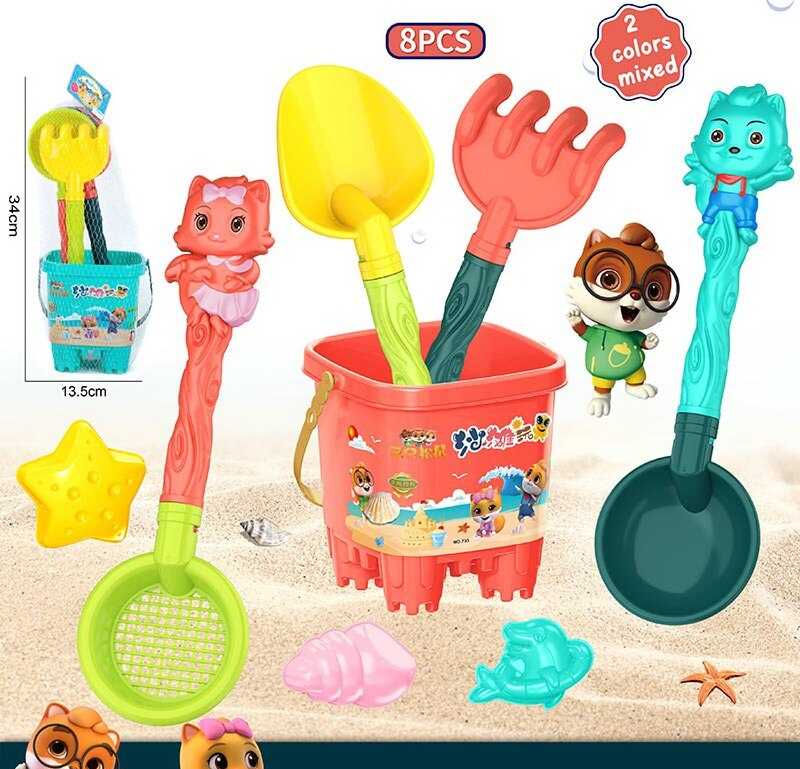 Пісочний набір 733-372 (72/2) 2 кольори, відро, 2 лопатки, сито, граблі, 3 формочки, в сітці