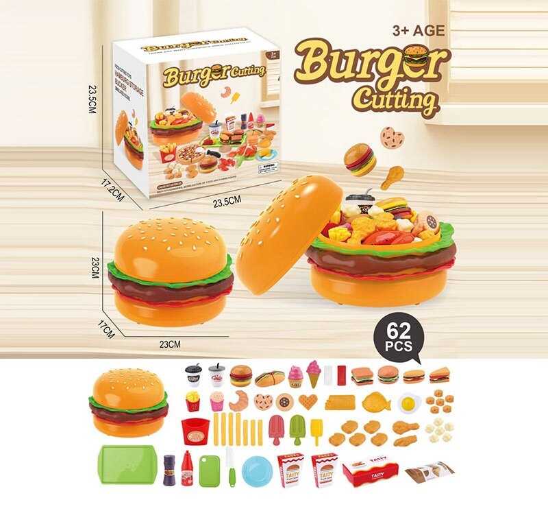 Набір продуктів CB 599 Y9 (30) 62 елементи, великий бургер-бокс, продукти на липучках, посуд, таця, дошка для нарізання, ножичок, стаканчики та баночки для соусів, морозиво, картопля фрі, печиво, бутерброди, в коробці
