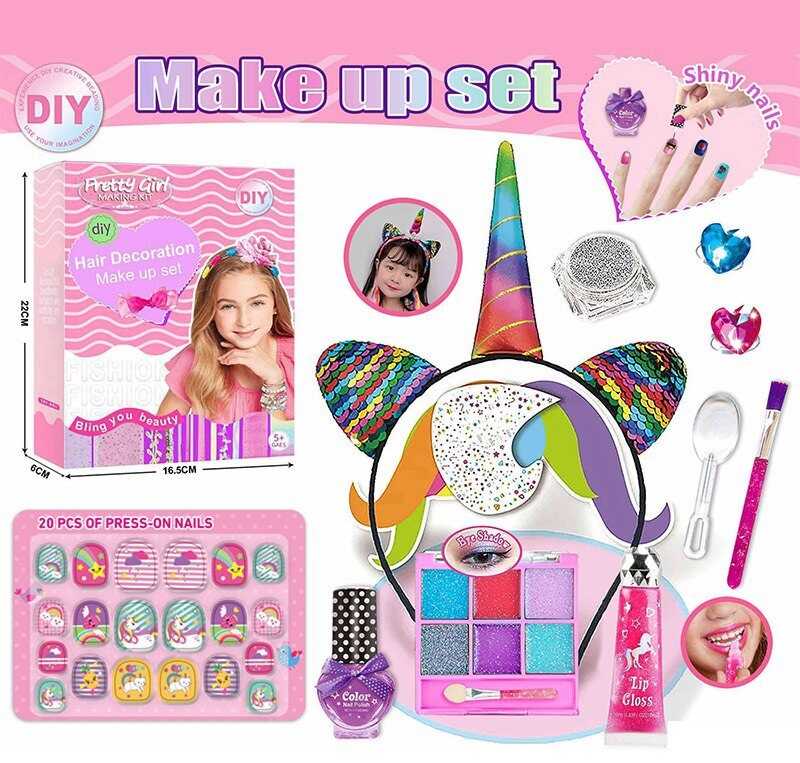 Набір косметики L 5306 (120/2) лак, глітер, прикраси, блиск для губ, обруч, блискітки, аплікатор, пензлик, наліпки для нігтів, в коробці