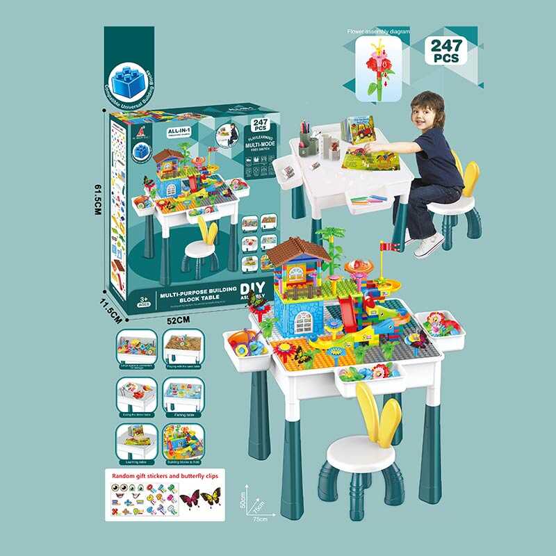 Столик з конструктором HX 839-85 A (6) висота 50см, 247 деталей, стільчик висотою 42см, ігрові фігурки, гірки, в коробці