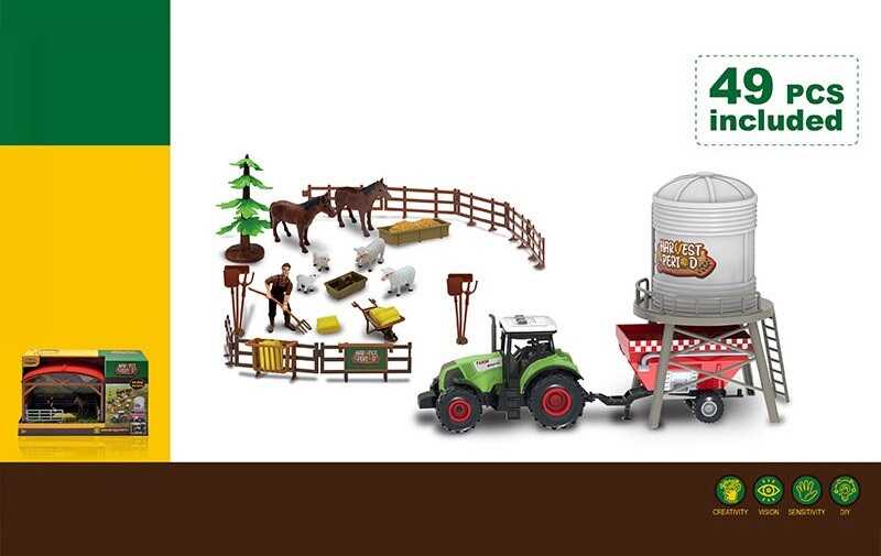 Набір фермера 550-33 K (12) 49 елементів, трактор, підсвічування, звук, інерція, причеп, силосна вежа, стайня, фігурка фермера, фігурки тварин, декорації,  в коробці