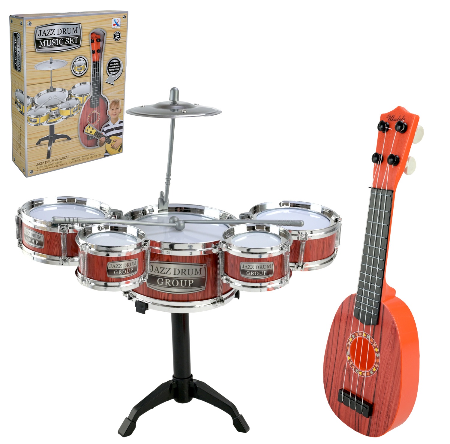 Барабанна установка + гітара 333-018 , барабани , 2 палички, металевих диск, в коробці