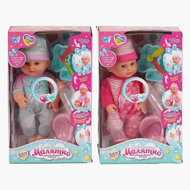 Пупс функціональний UKA-A 0940-1 (32/2) 2 види, "WToys", ОЗВУЧУВАННЯ УКРАЇНСЬКОЮ МОВОЮ, звук, від батарейок, п`є, ходить в туалет, в коробці