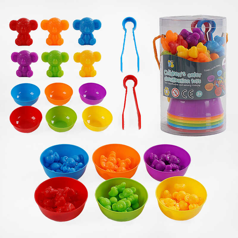 Логічна гра 2188-27 (60/2) “Ведмедики”, 48 елементів, кольорові ведмедики, 6 мисочок, 2 пари щипців, у тубі