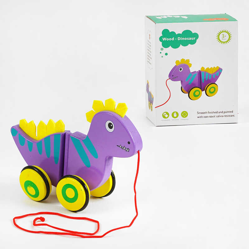 Каталка C 63987 (30) “Динозаврик”, дерев’яна, виляє хвостом, фетрові шипи, в коробці