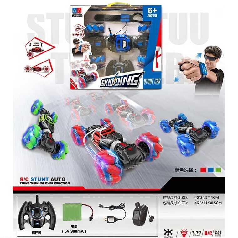 Машина на радіокеруванні UD 2199 A (8) 3 кольори, акум. 6V, пульт 2.4G + сенсорний браслет, 2 USB-кабелі, масштаб: 1:10, підсвічування, звуки, зміна положення корпуса, дрифт, роликові колеса, ВИДАЄТЬСЯ МІКС, в коробці