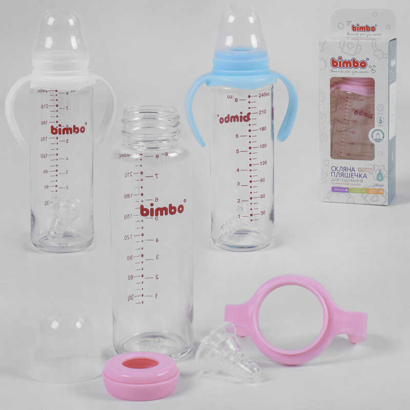 гр Пляшка скляна 33812 (48) з силіконовою соскою, "BIMBO", 240 мл, 3 кольори, 1шт в коробці