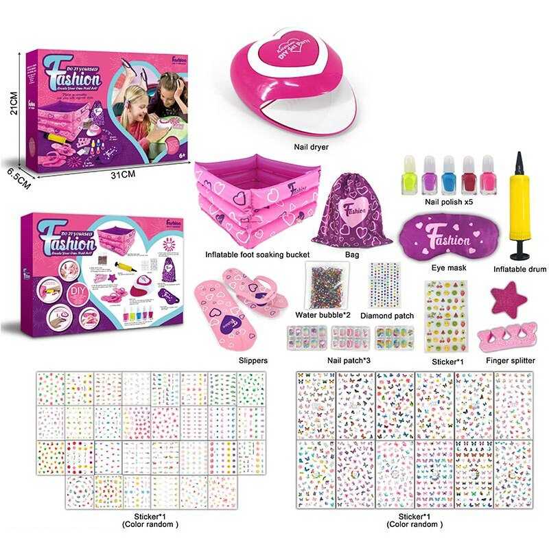 Набір для педікюру 925 A (16) автоматична сушарка, лаки для нігтів, надувна ванночка, мінінасос, водяні кульки, текстильні сумка та маска для очей, пилочка, накладні нігті, в коробці