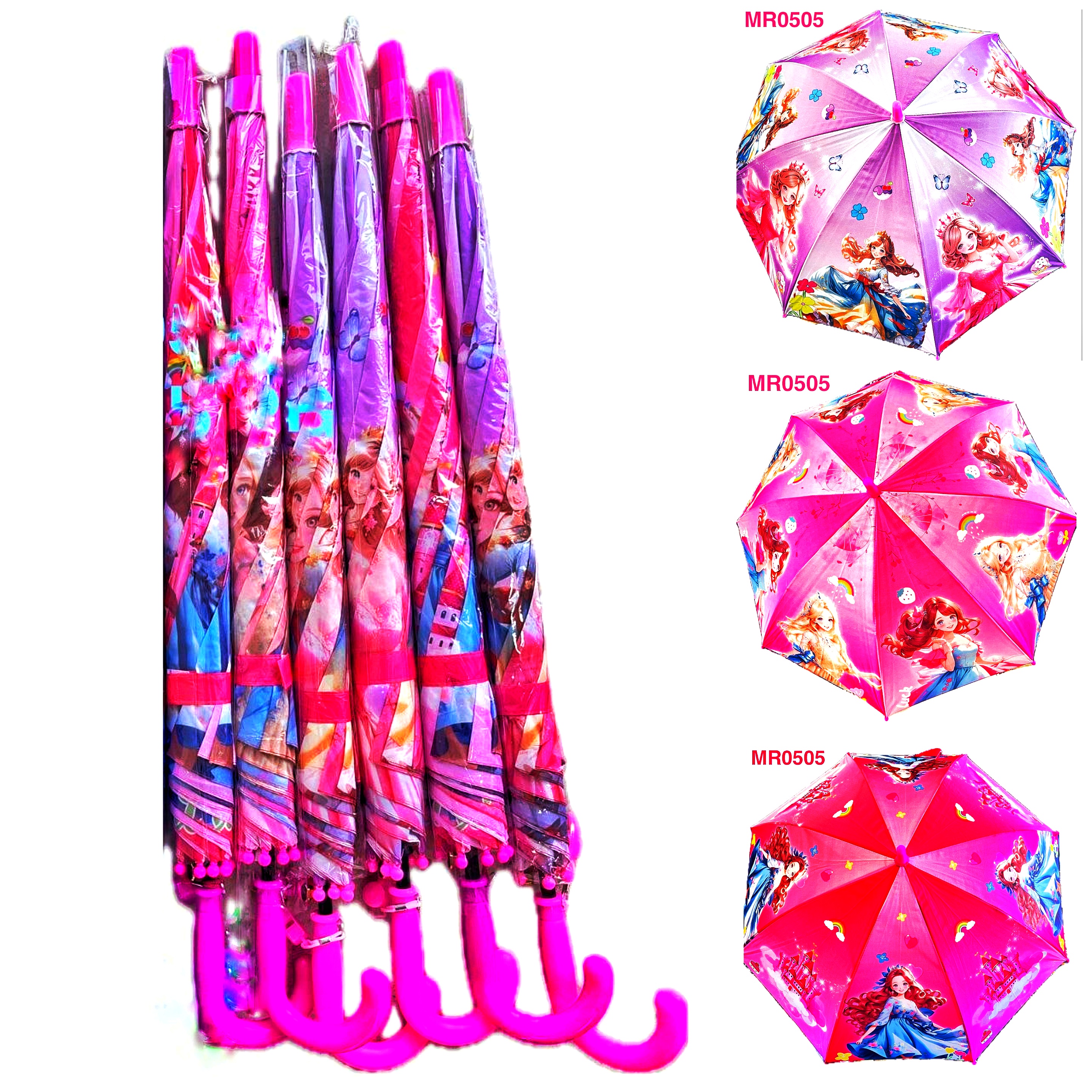 Парасолька дитяча  MR0505 "Princess" -3 , свисток , 4-8 років , 270 гр , 69х83 см , спиць 8 шт , поліестер , напівавтомат , ручка - гак , кульок , мікс видів