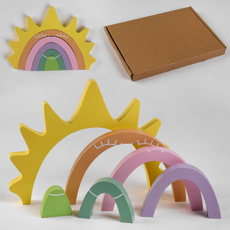 Логічна гра С 47863 (32) дерев’яна, пірамідка "Веселка та сонечко", 6 елементів, в коробці