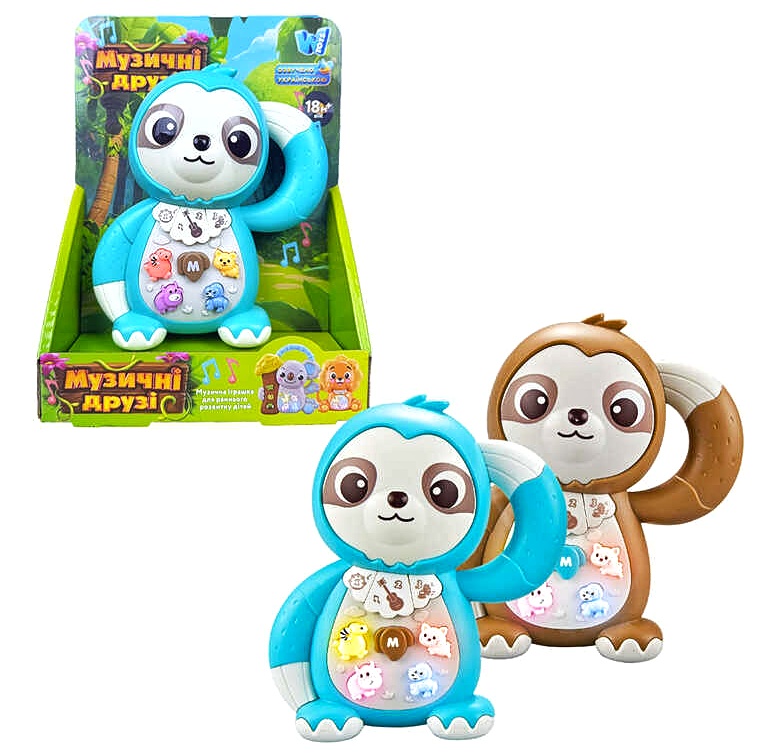 Музична іграшка 99186 , "WToys", "ЛІНИВЕЦЬ", 2 кольори, ОЗВУЧУВАННЯ УКРАЇНСЬКОЮ МОВОЮ, пісні, казки, віршики, підсвічування, цифри, звуки тварин, в коробці