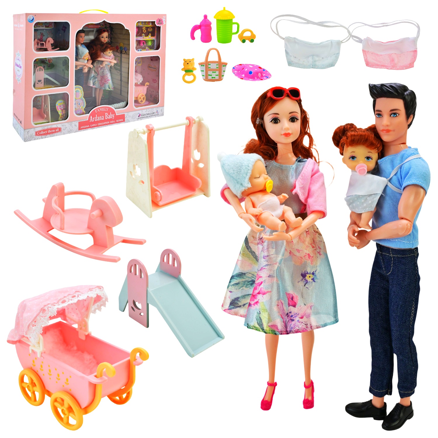 Лялька 202169 , сім'я 4 шт , мама, тато, 2 малюки, візочок, ліжечко, аксесуари , коробка