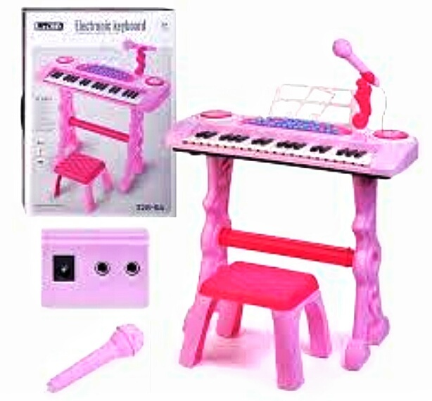 Синтезатор 328-64  мікрофон, стілець, 37 клавіш, від мережі або батарейок, звук, мелодії, регулювання гучності, функція запису, в коробці