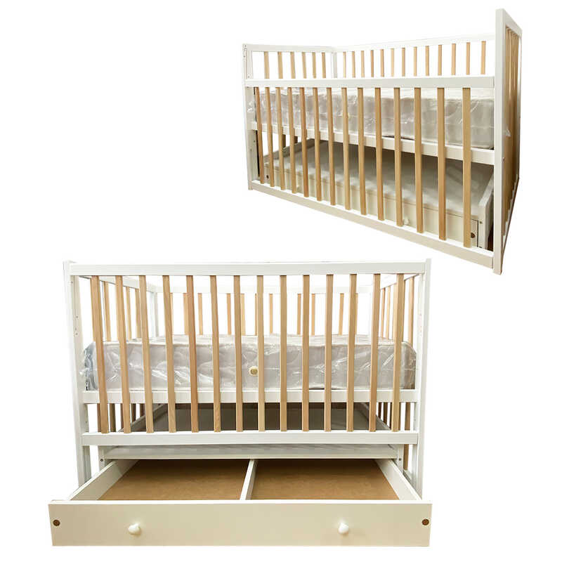 гр Ліжечко дитяче "Софія" - шарнір-підшипник+ящик з опускною боковиною (Білий+натуральний)