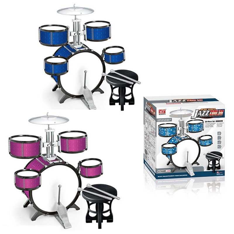 Барабанна установка 3988 (8) 2 кольори, 20 елементів, 5 барабанів, діаметри: 38 см, 20 см, 15 см, тарілка, палички, педаль, стільчик, в коробці