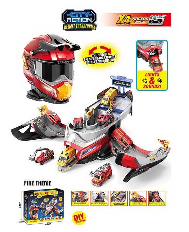 Трек SK 637 XA (12) звуки, підсвічування, рухливі елементи, складається у шолом, 4 металопластикові машинки, в коробці