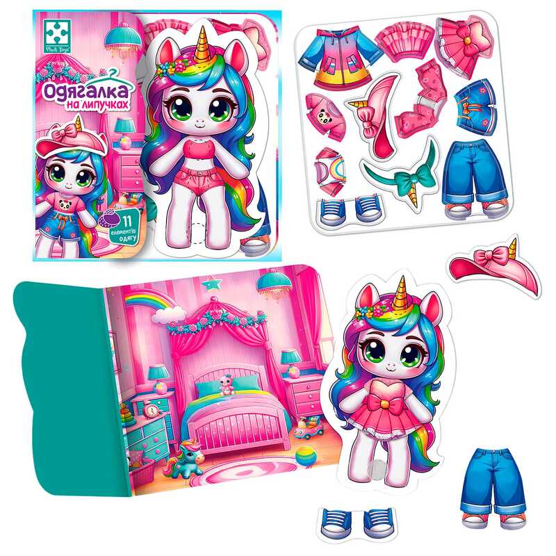гр Гра з липучками "Єдиноріжка" VT1320-01 (20) "Vladi Toys", фігурка тваринки, 11 предметів одягу, ігровий фон