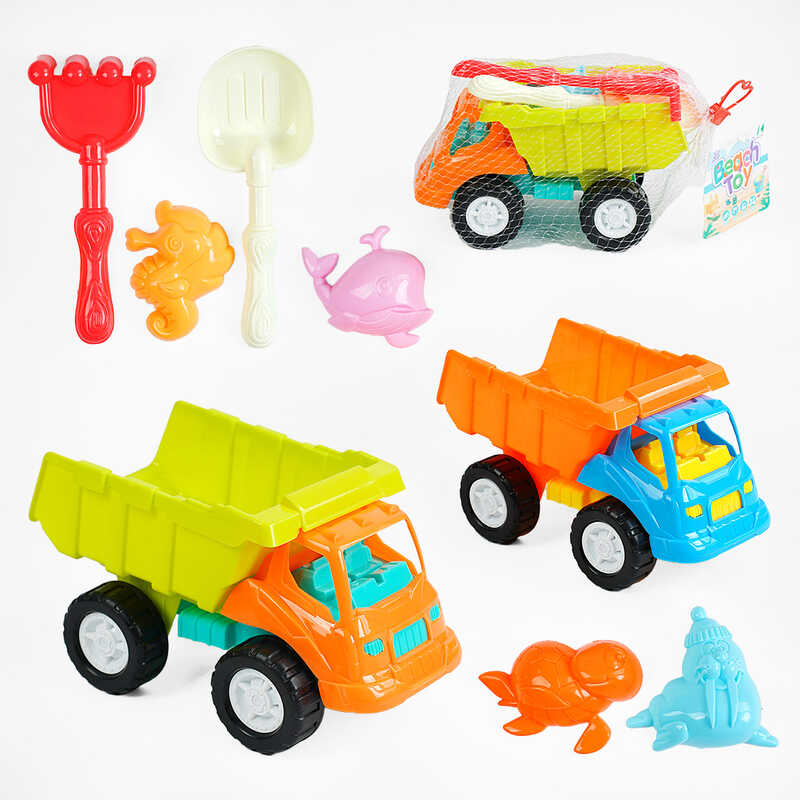 Пісочний набір KZ 6434 (72/2) 2 види, 7 елементів, самоскид, граблі, лопатка, формочки, у сітці