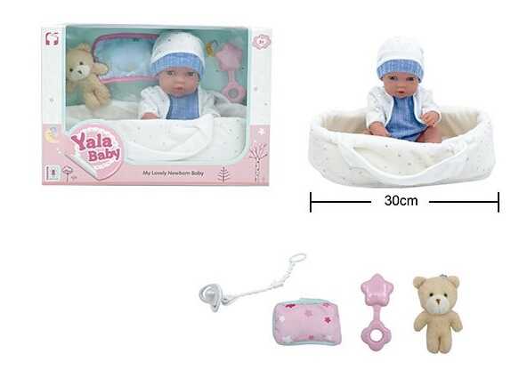 Пупс YL 2512 D-A (24) гумовий, висота 30 см, кокон з ручками, подушечка, брязкальце, пустушка, ведмедик, в коробці