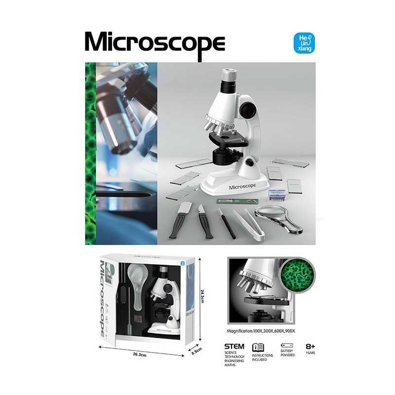 Мікроскоп 8688 (48) збільшення 100х, 300х, 600х та 900х, інструменти, лупа, скельця, підсвічування, на батарейках, в коробці