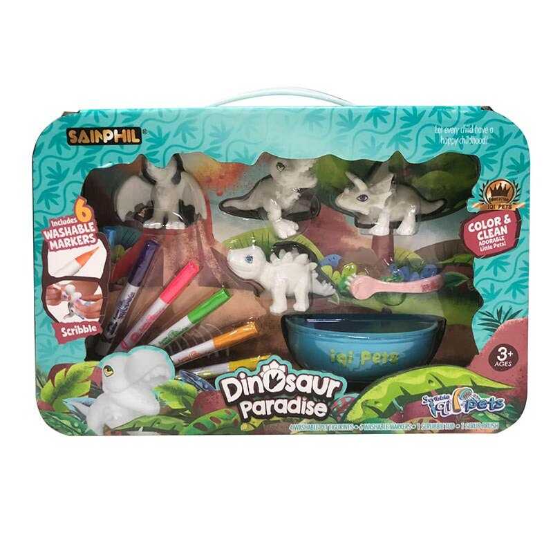 Розмальовка SP 8633 (24) 4 фігурки динозаврів, 6 маркерів, що змиваються, ванночка, щіточка, в коробці