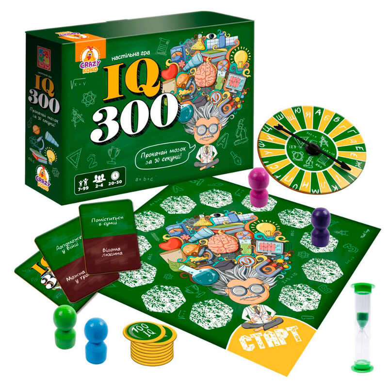 гр Гра настільна розважальна "IQ300" VT8055-46 (5) "Vladi Toys", гральне поле, 50 карток, 9 жетонів, 4 пішаки, колесо фортуни, пісочний годинник, правила гри, в коробці