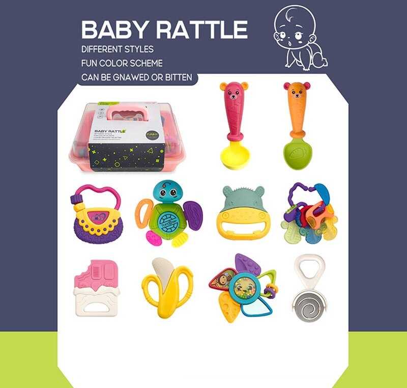 Набір брязкалець 8435-4 (60/2) 10 елементів, ложечки, гумові прорізувачі, пискавка, тріскачка, пальчикові ігри, дзеркальце, в боксі