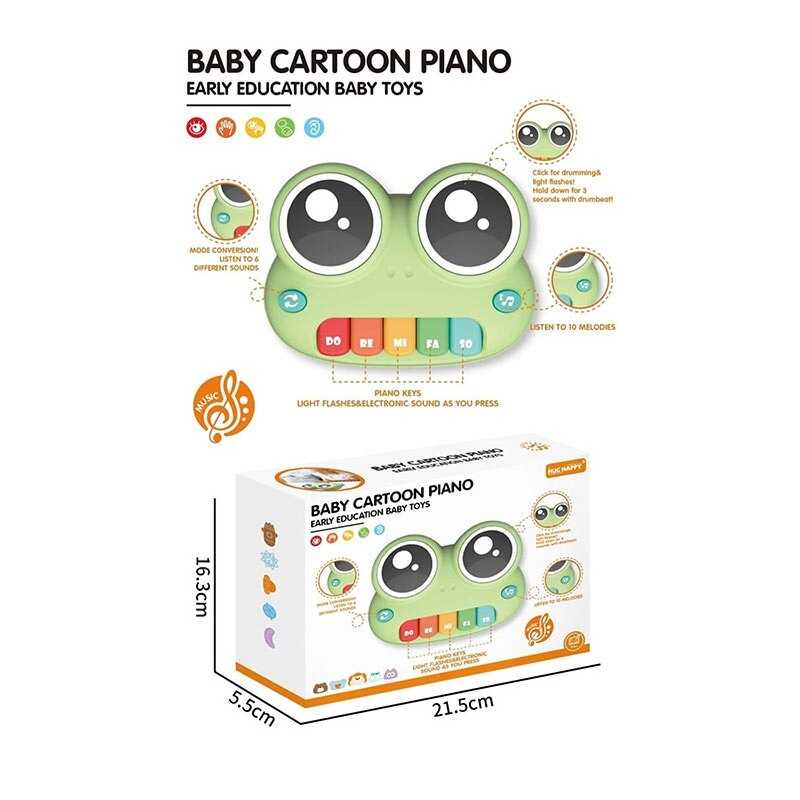 Піаніно YK 7008-1 (72) “Жабка”, підсвічування, кілька режимів, 5 клавіш із нотами, мелодії, барабан, звуки тварин, дитячий сміх, в коробці