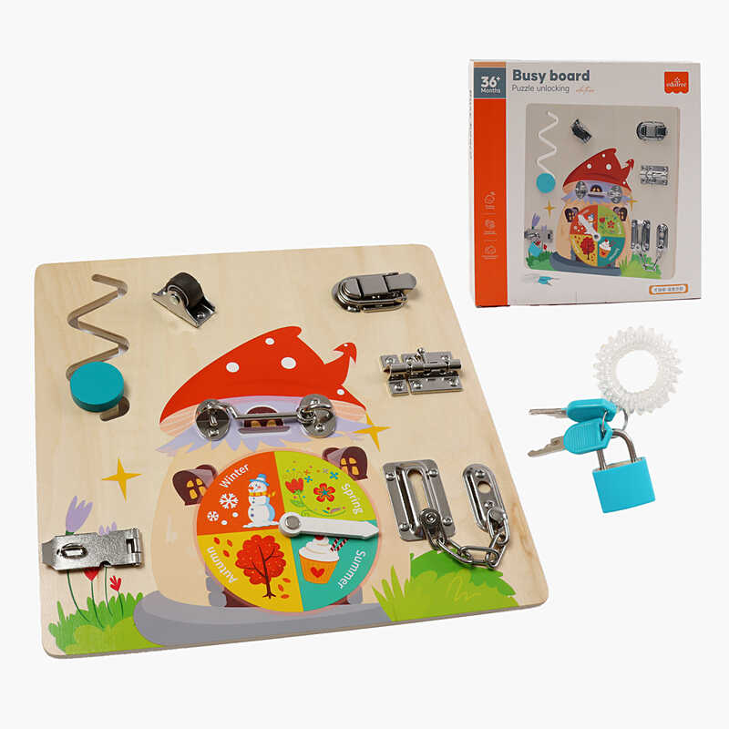 Бізіборд дерев'яний C 66128 (40) коліщатко, годинник, пальчиковий лабіринт, замочки, ключі, в коробці