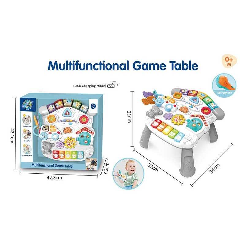 Ігровий музичний столик 7763 B (12) 34х32х21см, акум. 3.7V, USB-кабель, регулювання гучності, рухомі елементи, звуки, підсвічування, мелодії, піаніно, режими гри, знімний музичний блок, на батарейках, мікрофон, в коробці