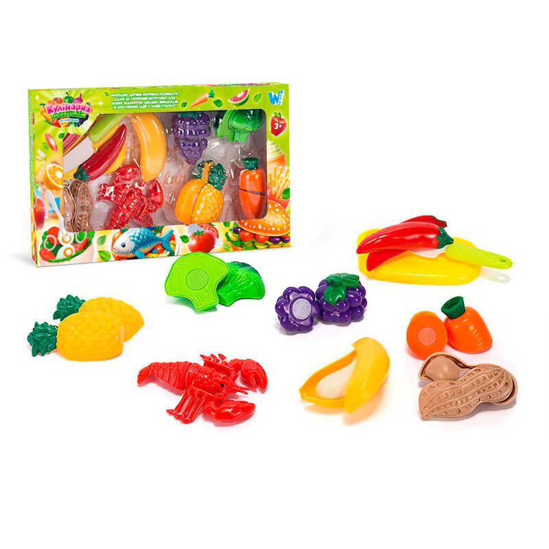 Набір продуктів “Кулінарна фантазія” 77360 (64/2) "WToys", 18 елементів, на липучках, дошка для нарізання, ніж, в коробці