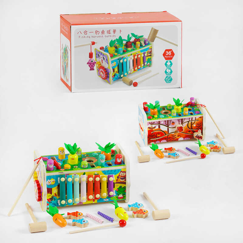 Ігровий центр C 60241 (24) “Котик”, дерев’яний, ксилофон, годинник, магнітна гра, стукалка, пальчикові ігри, у коробці