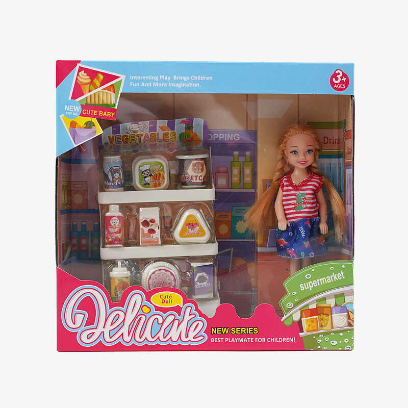 Лялька L 5-22 (96/2) "Супермаркет", полички з продуктами, висота ляльки 14см, знімний одяг та взуття, в коробці