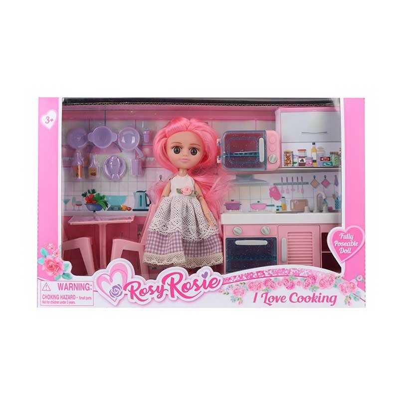Лялька RR 017 (36/2) висота: 16 см, шарнірні суглоби, знімний одяг, раковина, плита, мікрохвильовка, стіл, стільці, посуд, в коробці